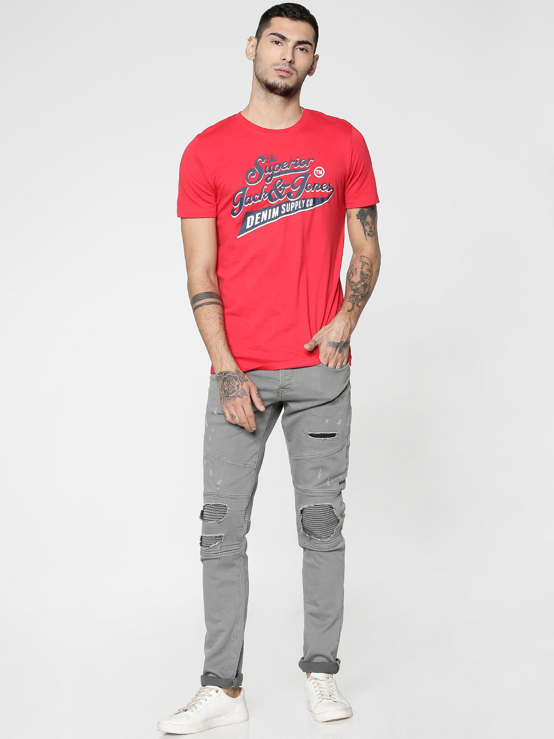 Red Text Print Slim Fit Crew Neck T-Shirt