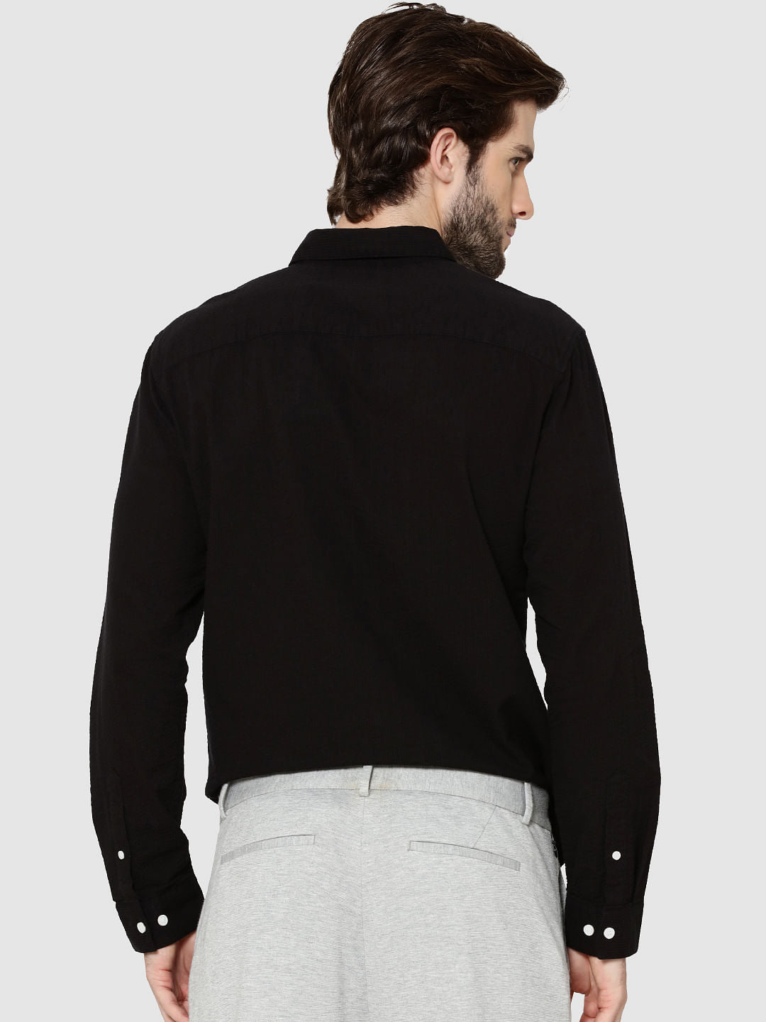 Black Contrast Collar Full Sleeves Slim Fit Shirt