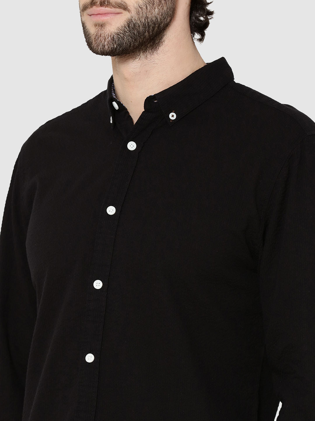 Black Contrast Collar Full Sleeves Slim Fit Shirt