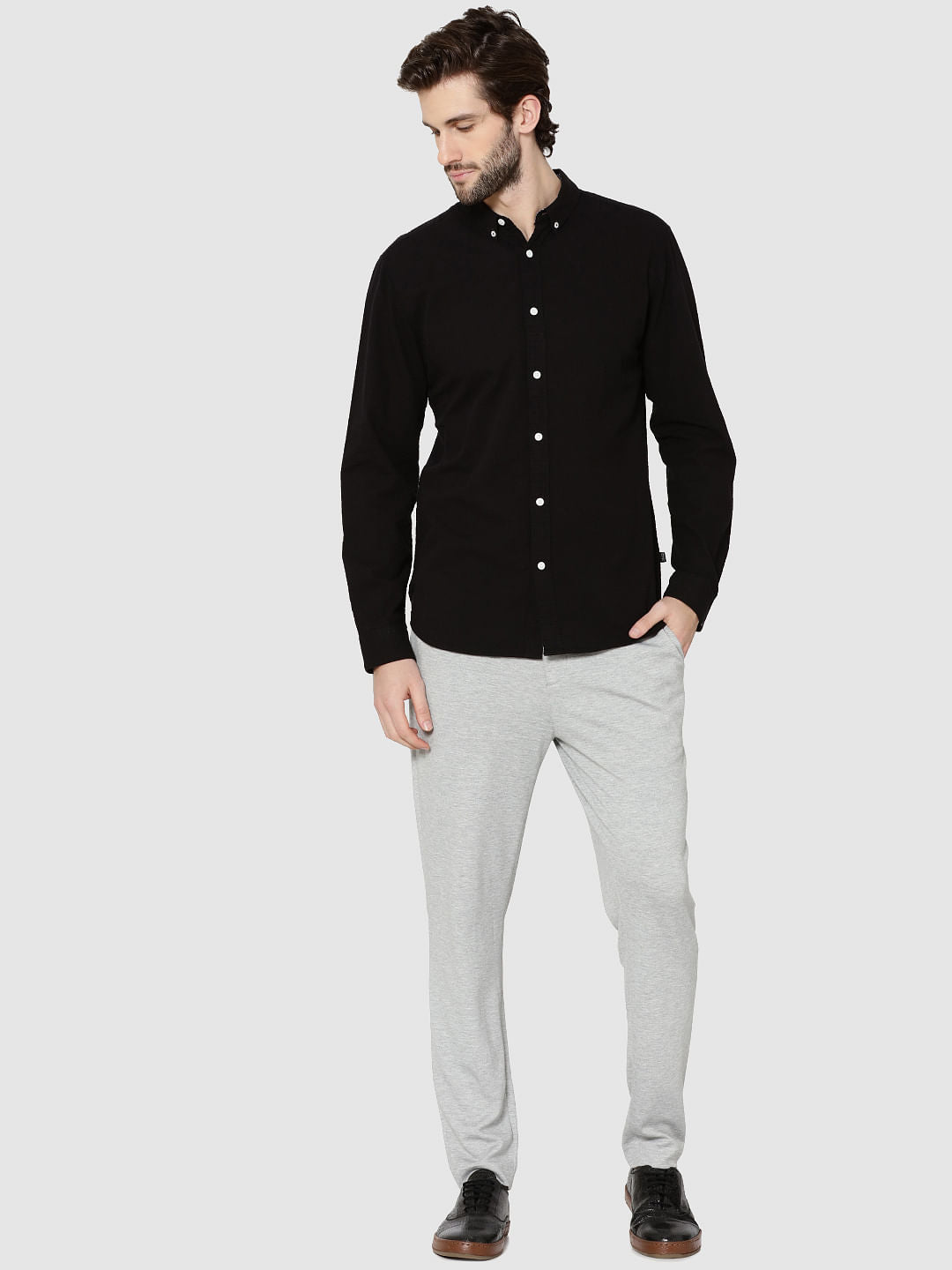 Black Contrast Collar Full Sleeves Slim Fit Shirt