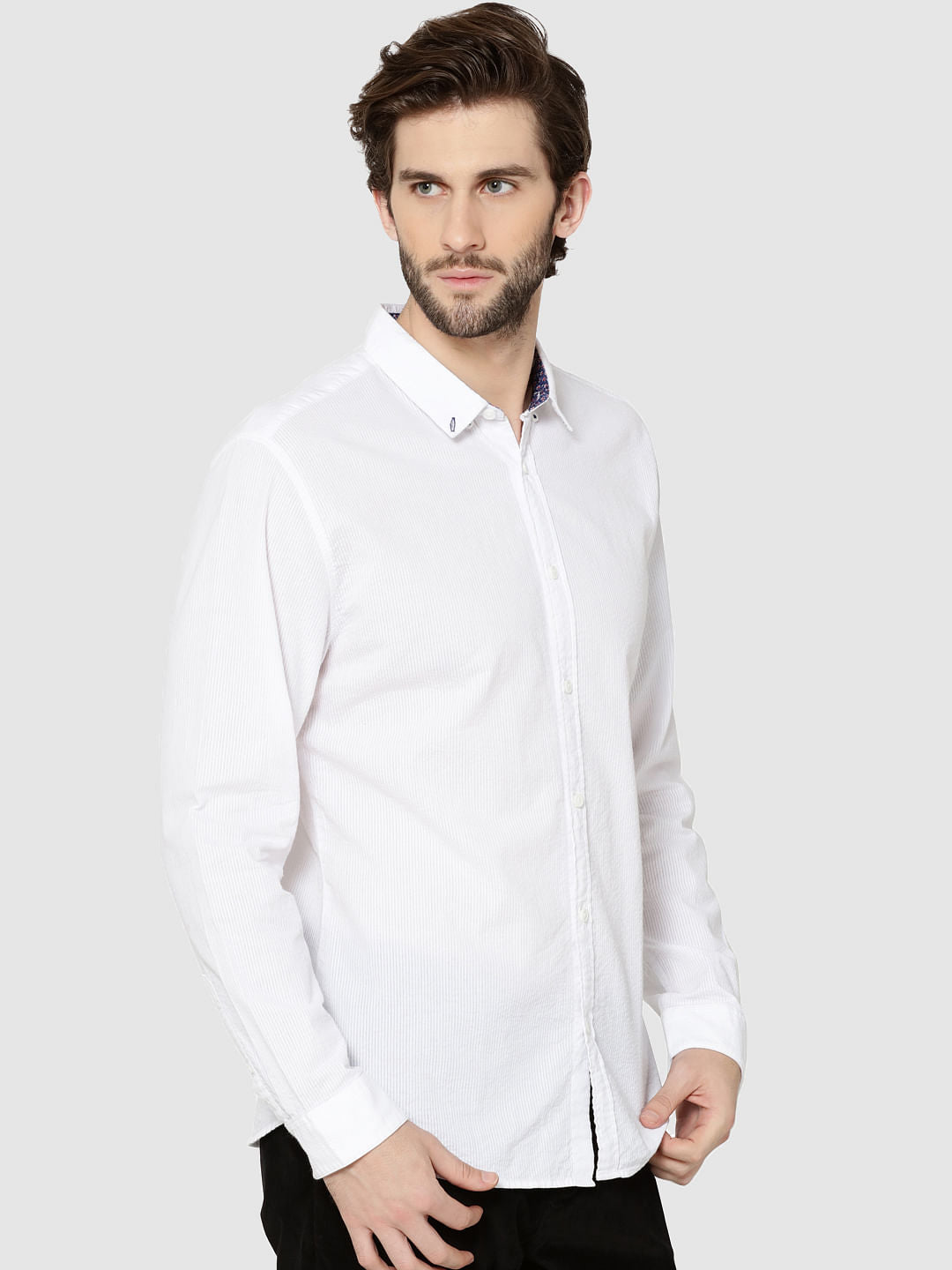 White Contrast Collar Full Sleeves Slim Fit Shirt