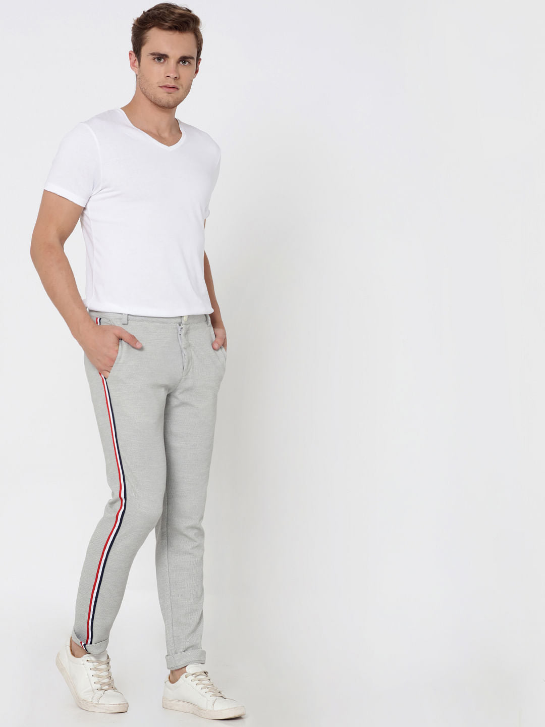 Light Grey Tape Detail Slim Fit Trousers