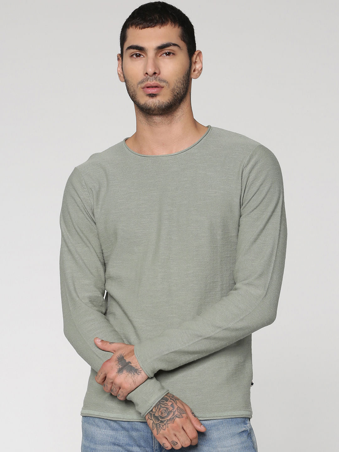 Green Slim Fit Full Sleeves Crew Neck T-Shirt
