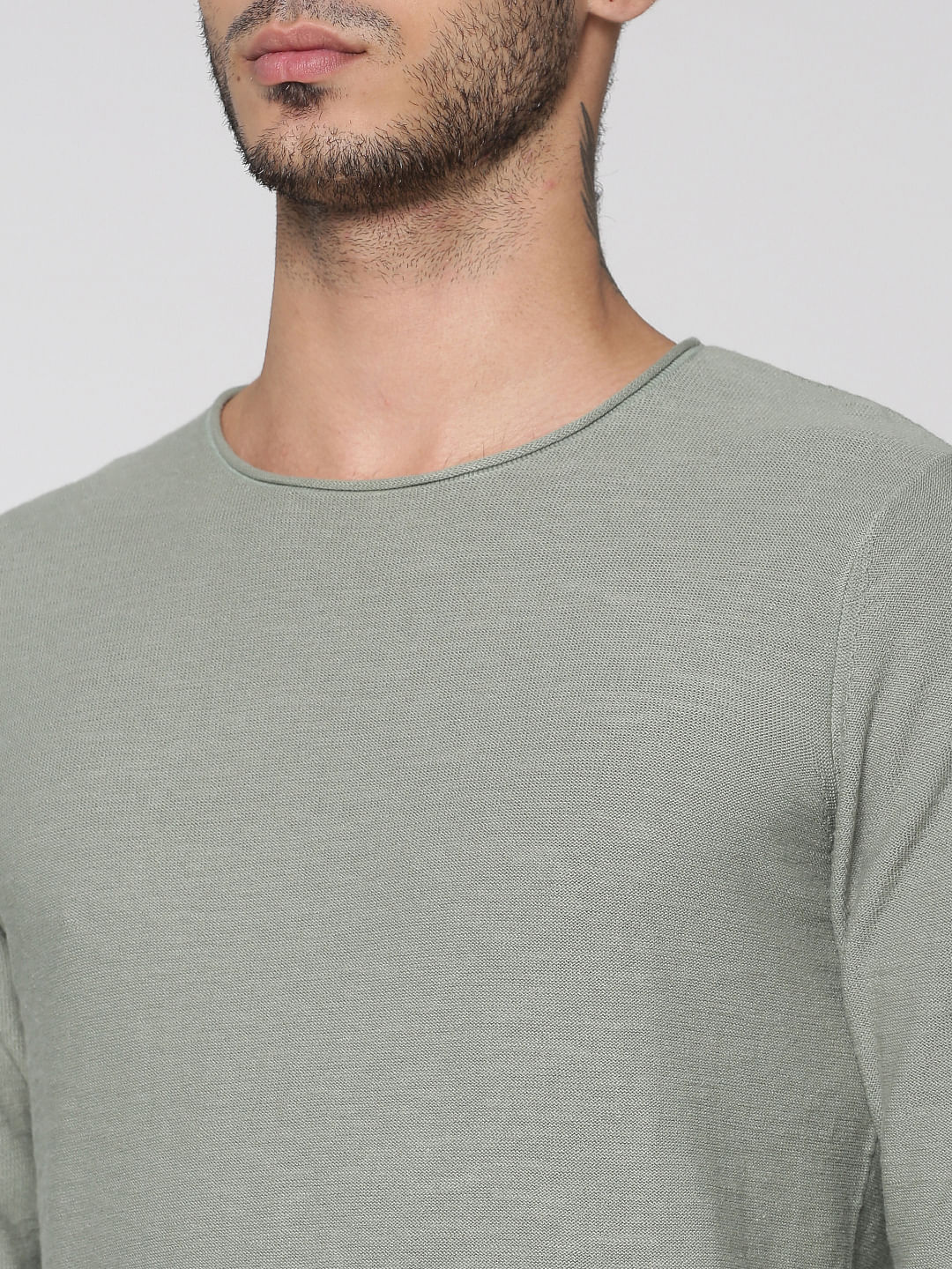Green Slim Fit Full Sleeves Crew Neck T-Shirt