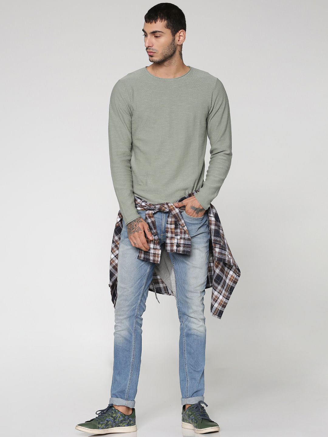 Green Slim Fit Full Sleeves Crew Neck T-Shirt