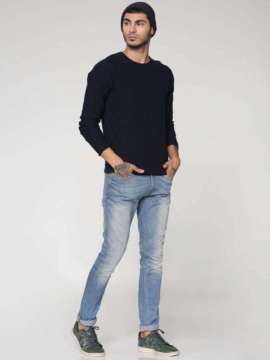 Blue Slim Fit Full Sleeves Crew Neck T-Shirt