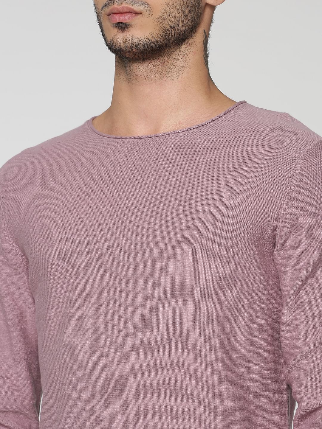 Purple Slim Fit Full Sleeves Crew Neck T-Shirt