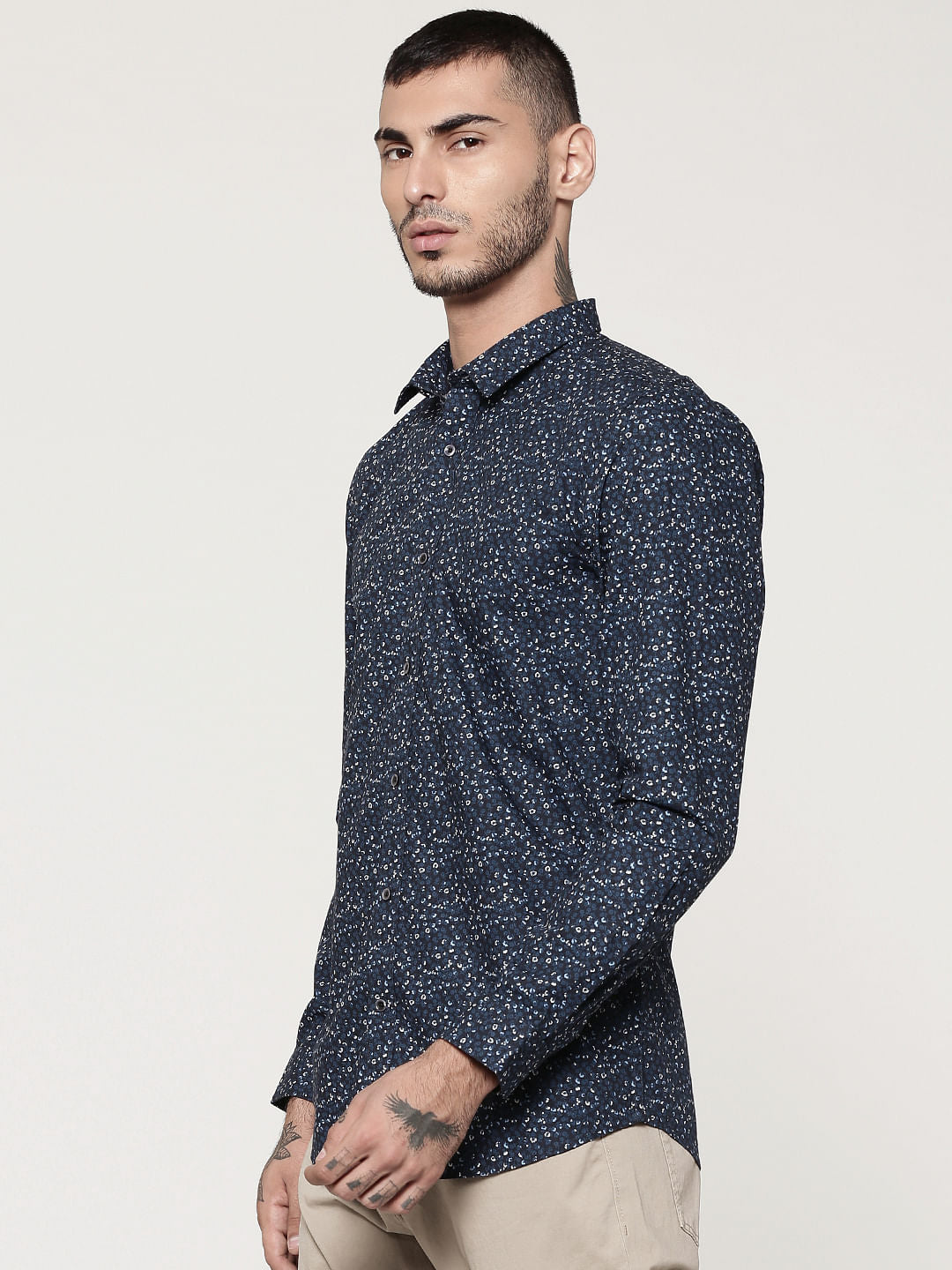 Dark Blue Printed Full Sleeves Slim Fit Shirt