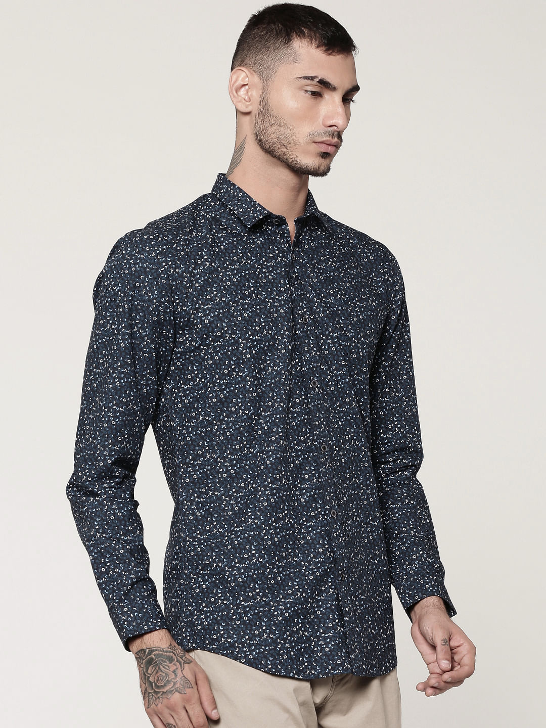 Dark Blue Printed Full Sleeves Slim Fit Shirt