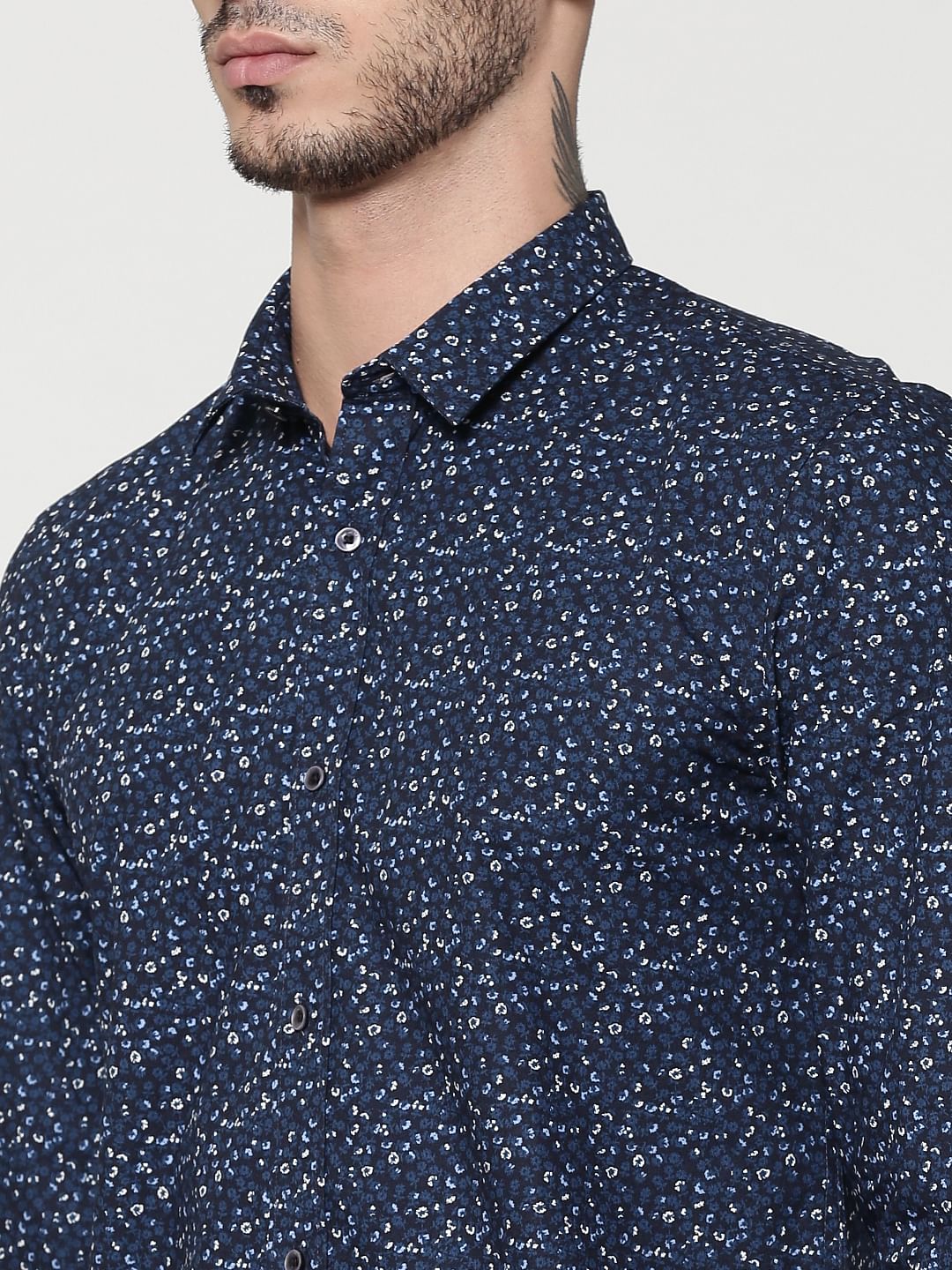 Dark Blue Printed Full Sleeves Slim Fit Shirt
