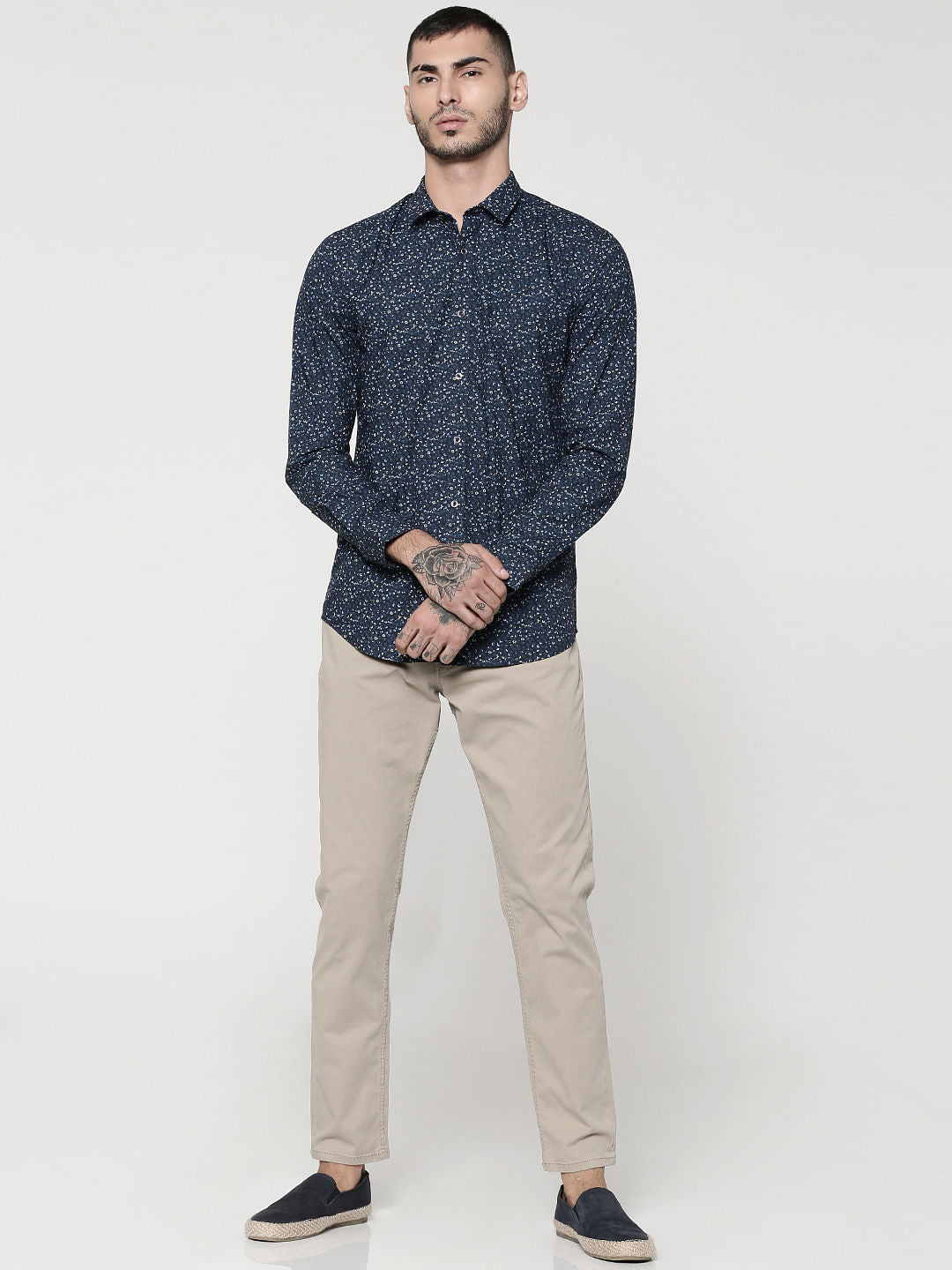 Dark Blue Printed Full Sleeves Slim Fit Shirt