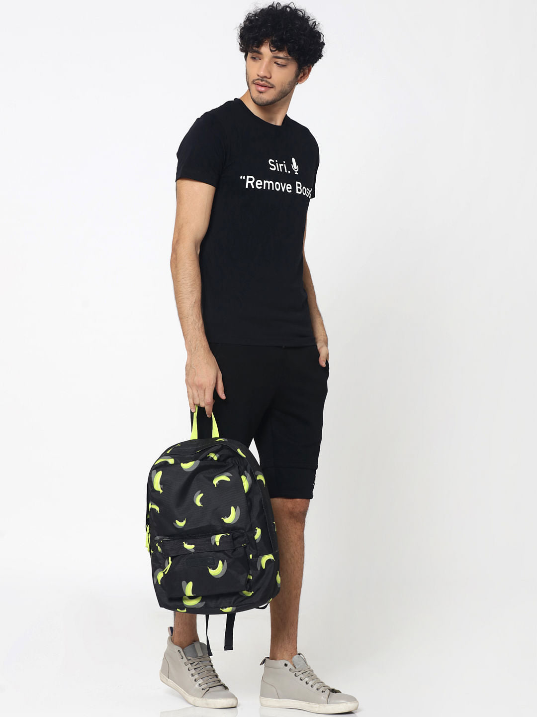 Black Drawstring Text Print Sweatshorts