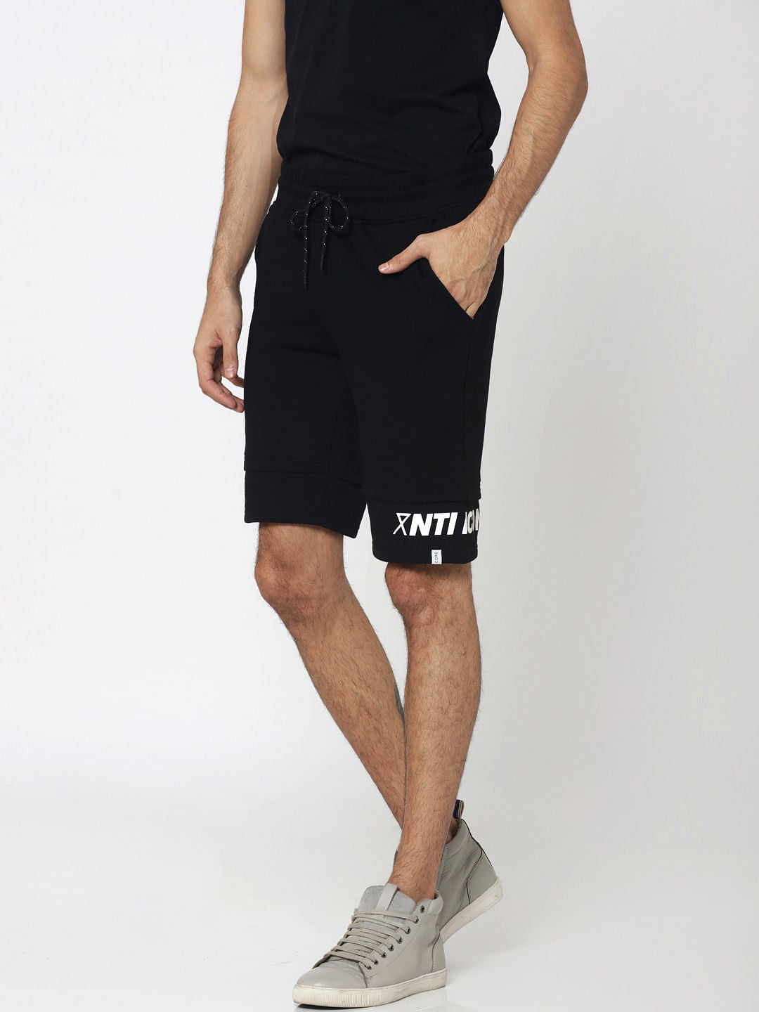 Black Drawstring Text Print Sweatshorts