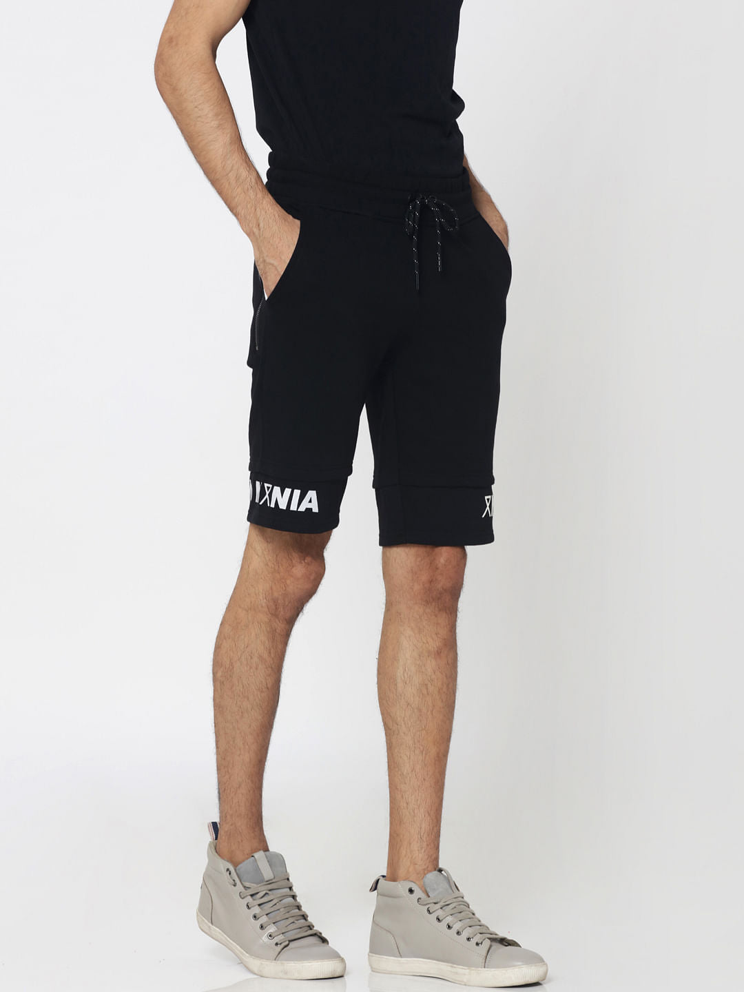 Black Drawstring Text Print Sweatshorts
