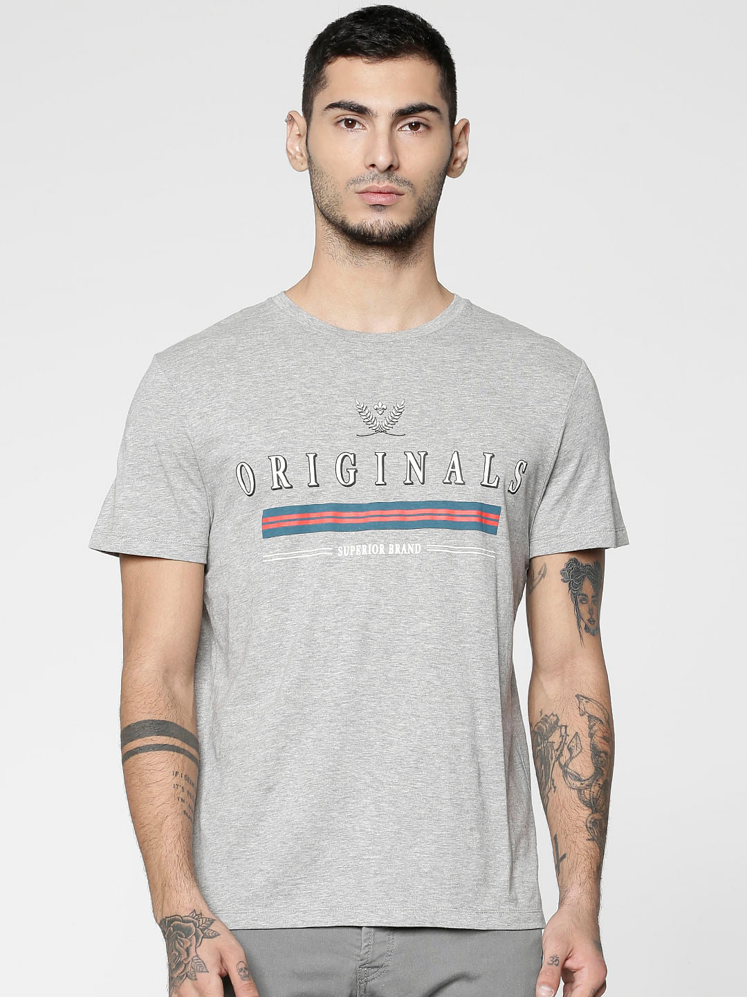 Grey Text Print Slim Fit Crew Neck T-Shirt