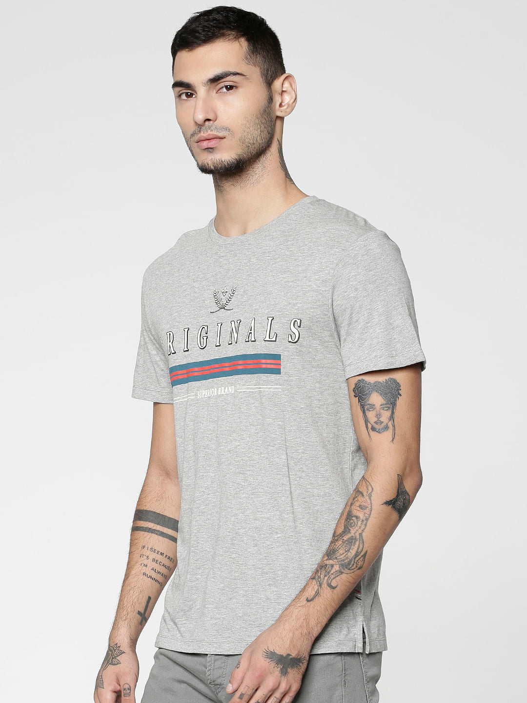 Grey Text Print Slim Fit Crew Neck T-Shirt
