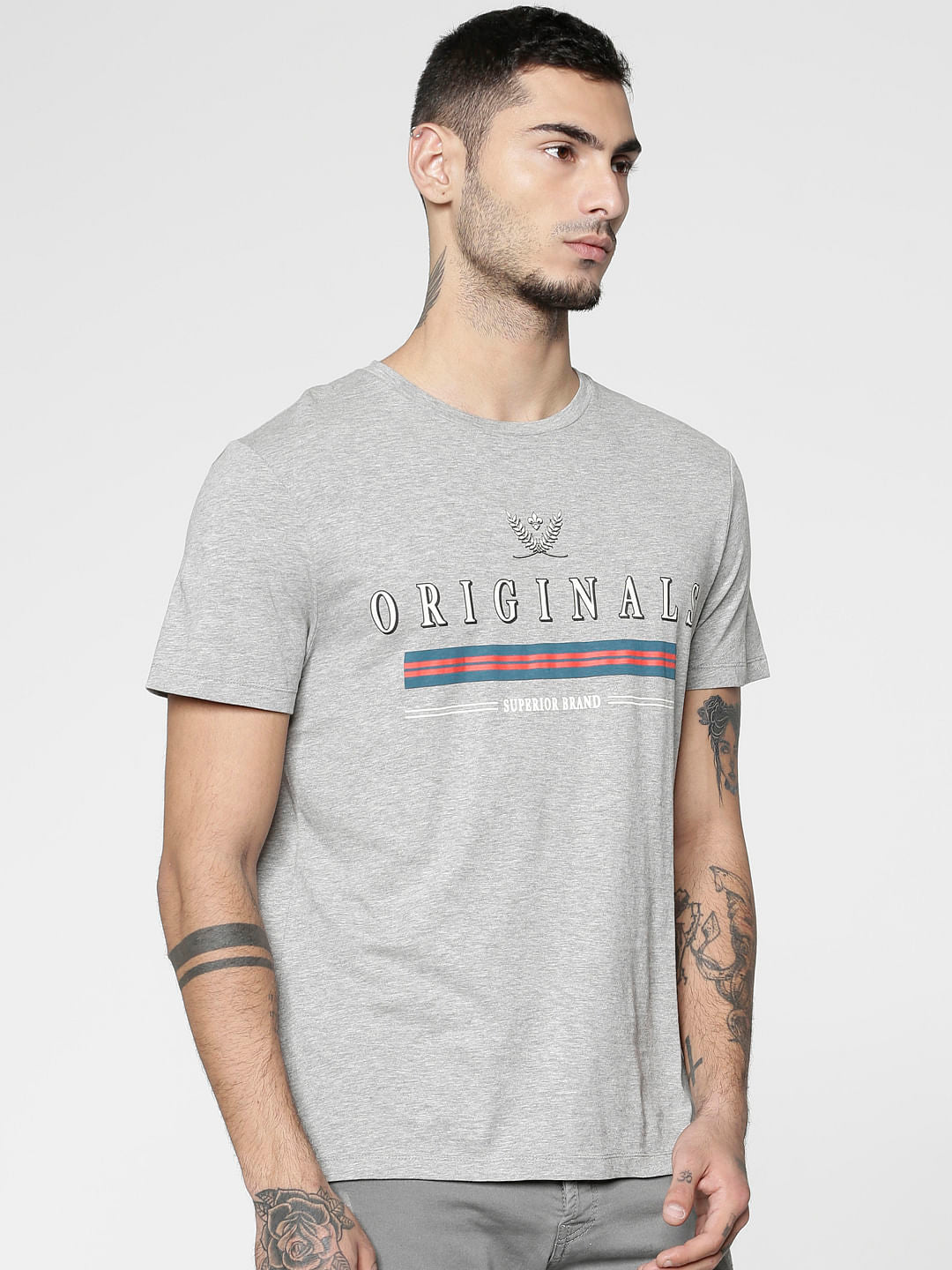Grey Text Print Slim Fit Crew Neck T-Shirt