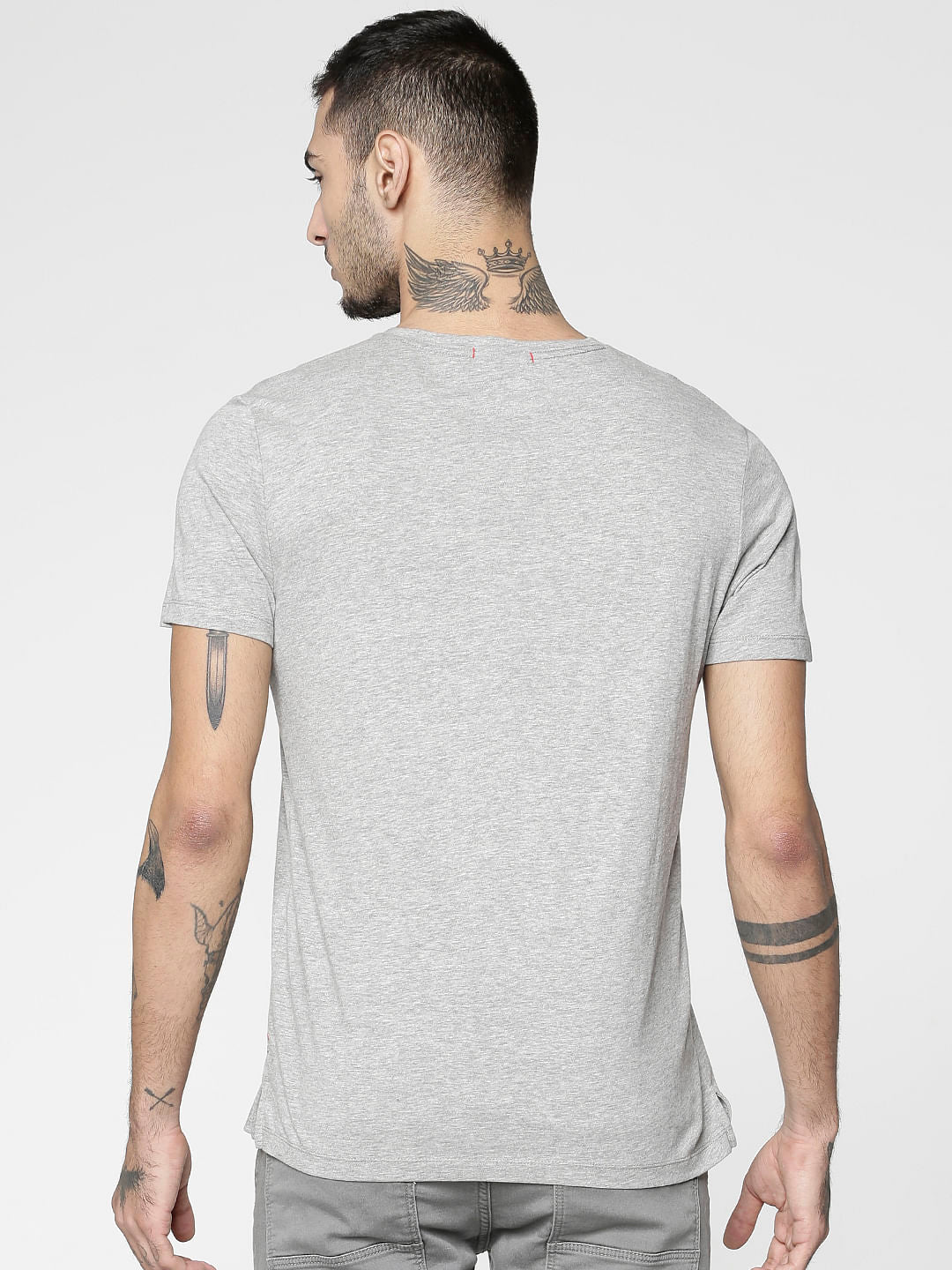 Grey Text Print Slim Fit Crew Neck T-Shirt