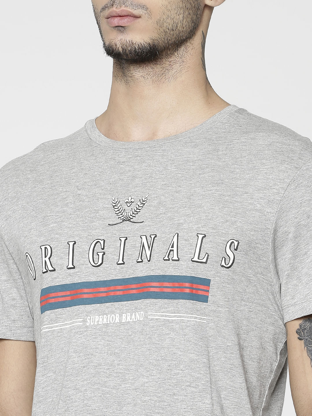 Grey Text Print Slim Fit Crew Neck T-Shirt