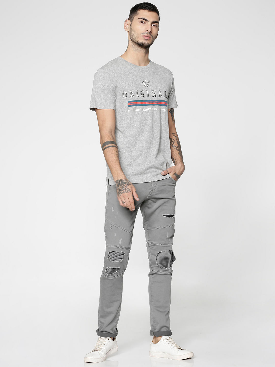 Grey Text Print Slim Fit Crew Neck T-Shirt