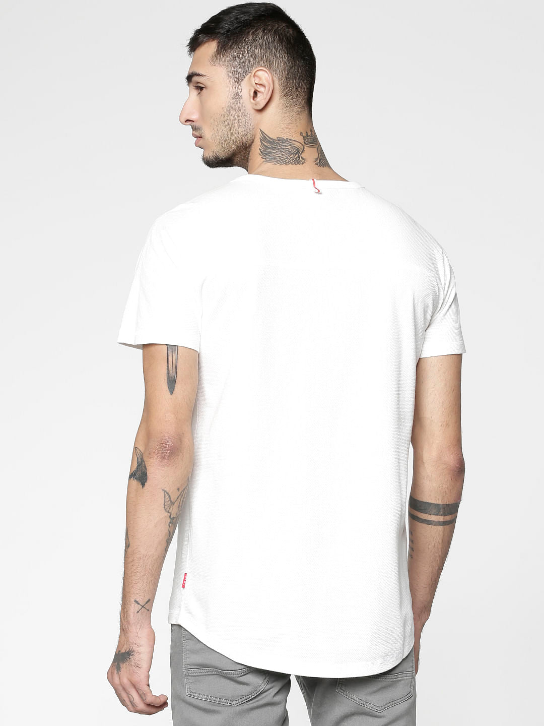 White Printed Patch Pocket Slim Fit Crew Neck T-Shirt
