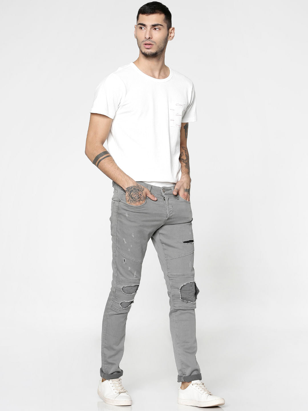 White Printed Patch Pocket Slim Fit Crew Neck T-Shirt