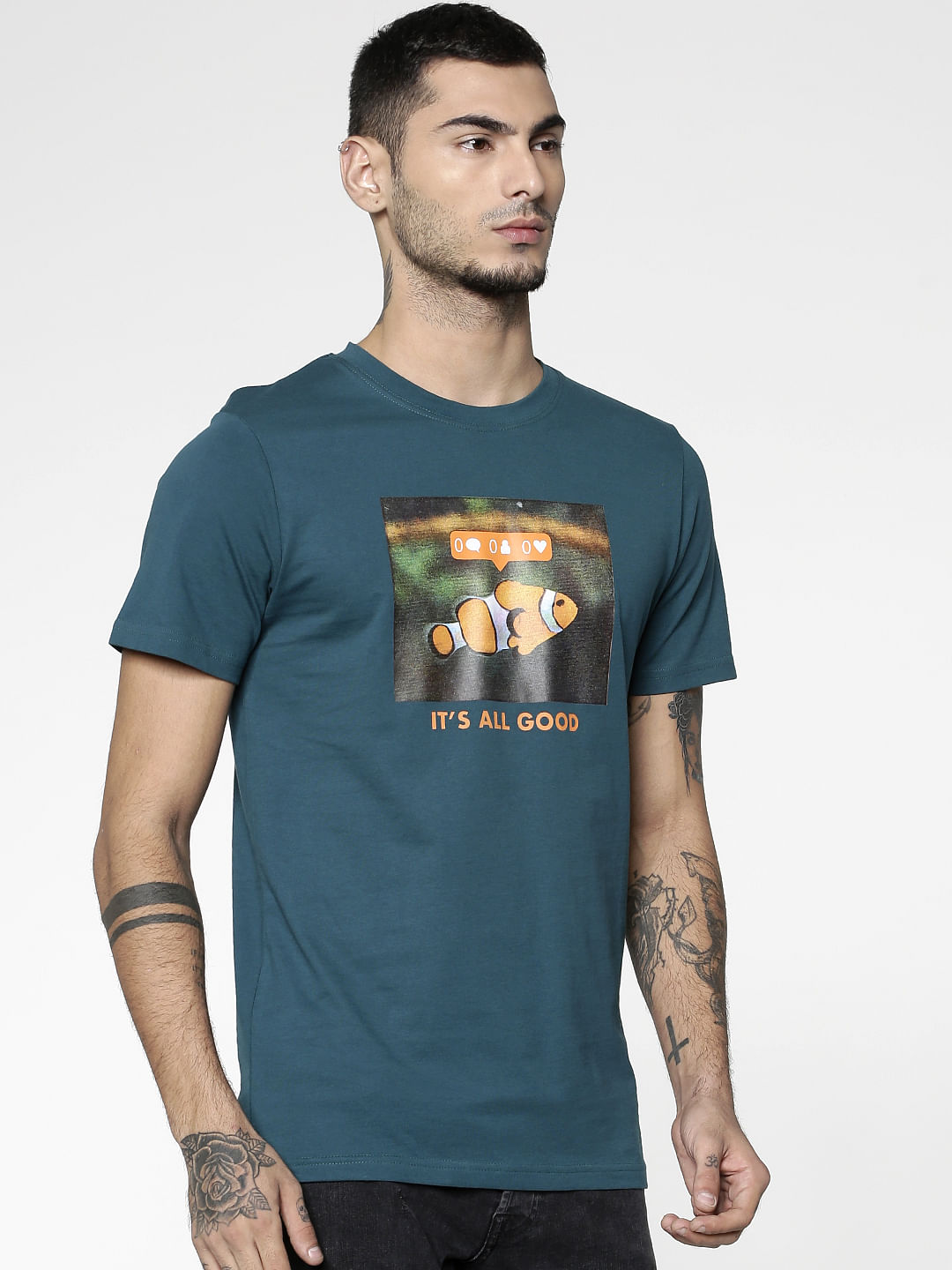 Green Graphic Print Slim Fit Crew Neck T-Shirt