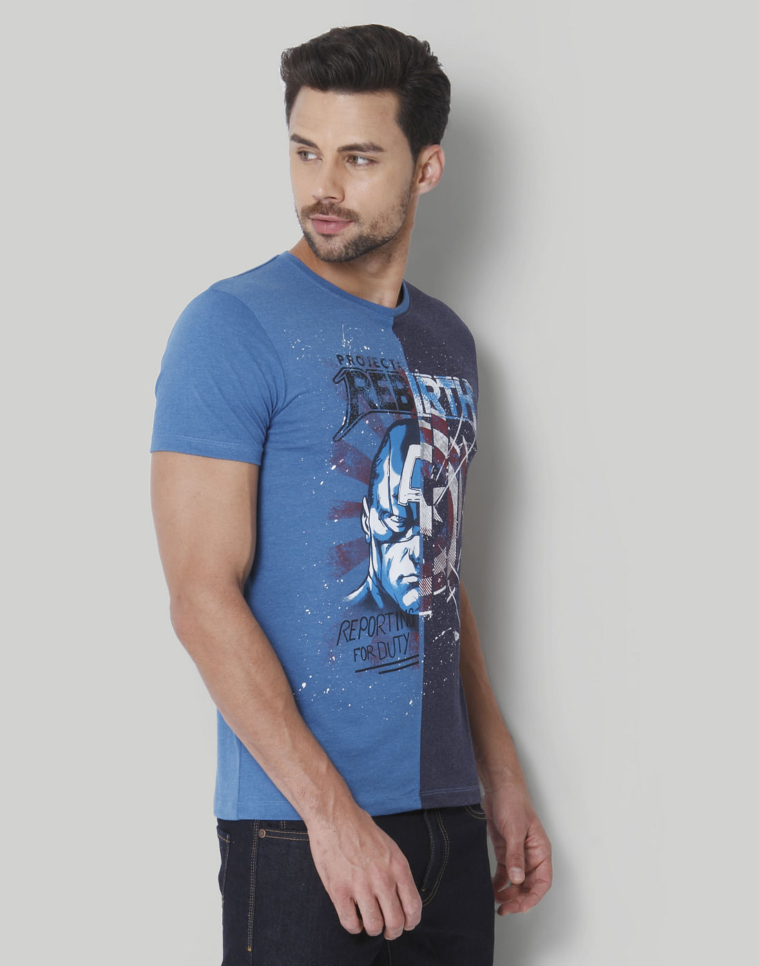 X Marvel Blue Colourblocked Graphic Print Crew Neck T-Shirt