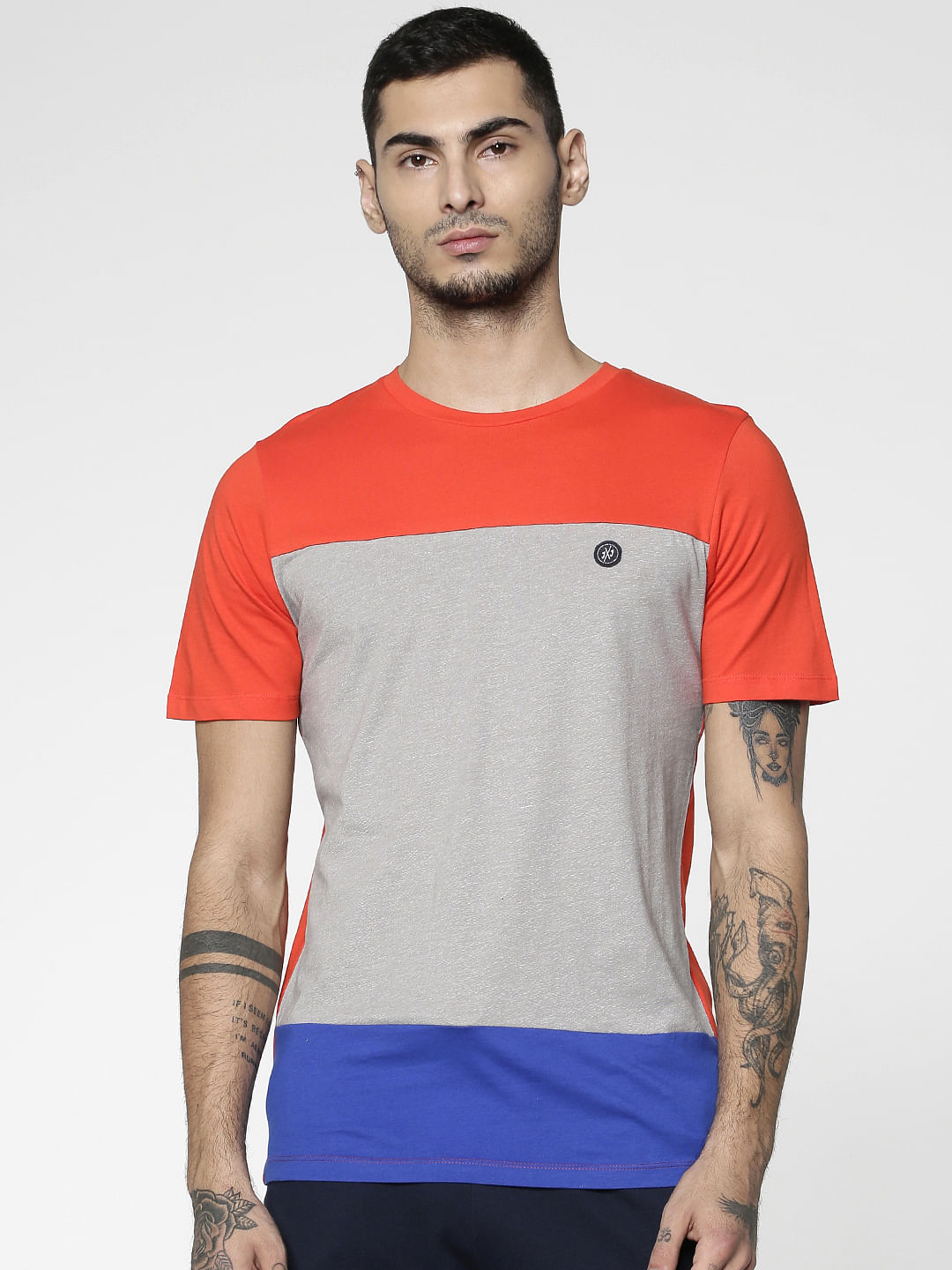 Red Colour Blocked Slim Fit Crew Neck T-Shirt