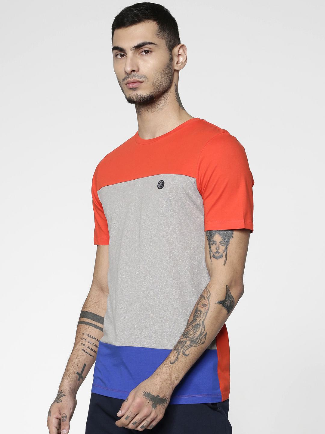 Red Colour Blocked Slim Fit Crew Neck T-Shirt