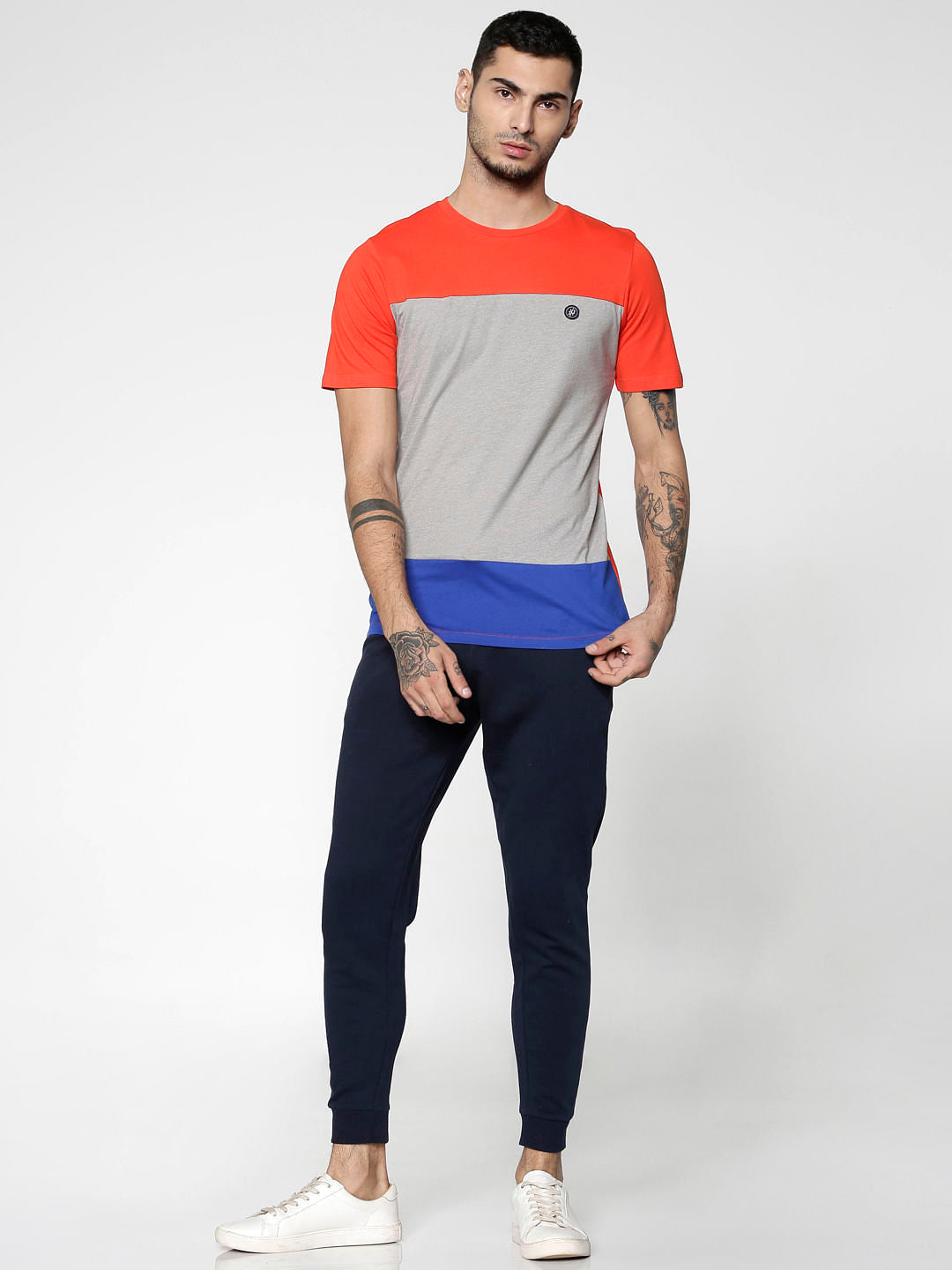 Red Colour Blocked Slim Fit Crew Neck T-Shirt
