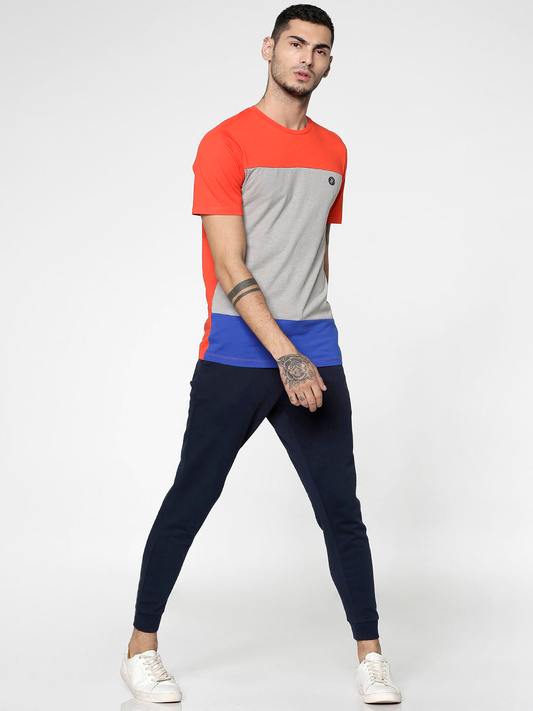 Red Colour Blocked Slim Fit Crew Neck T-Shirt