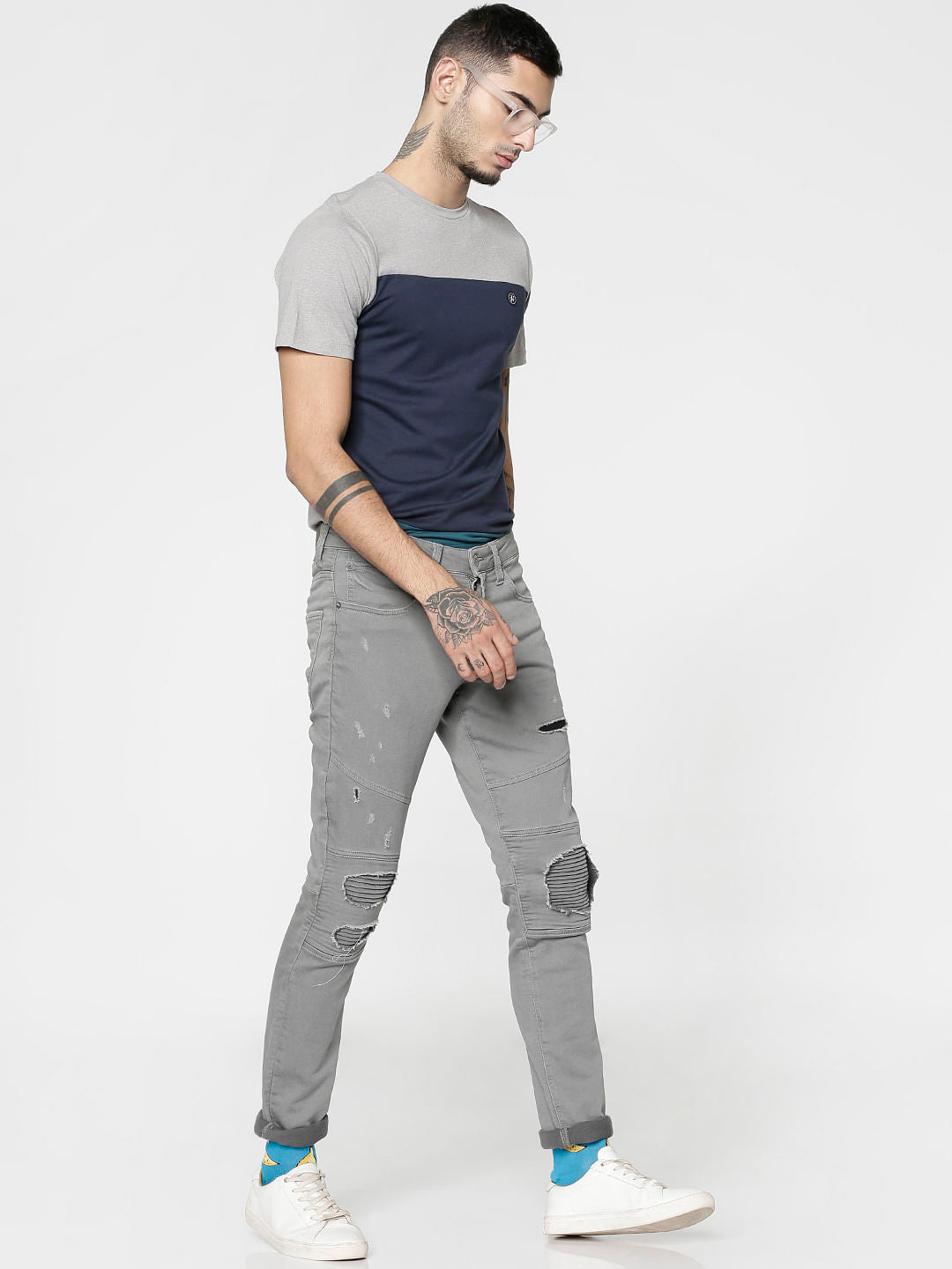 Grey Colour Blocked Slim Fit Crew Neck T-Shirt
