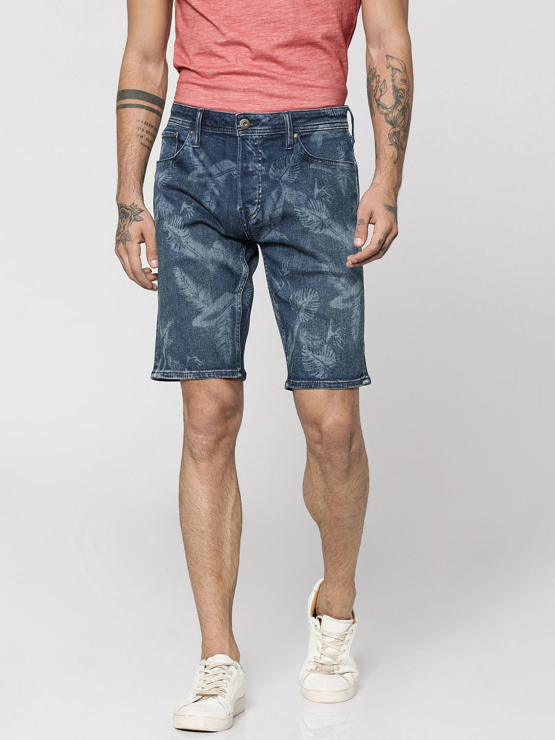Dark Blue Palm Print Mid Rise Regular Fit Shorts