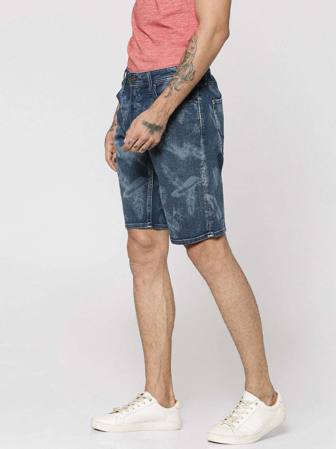 Dark Blue Palm Print Mid Rise Regular Fit Shorts