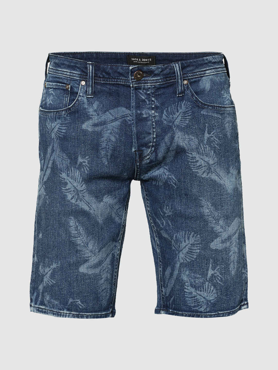 Dark Blue Palm Print Mid Rise Regular Fit Shorts