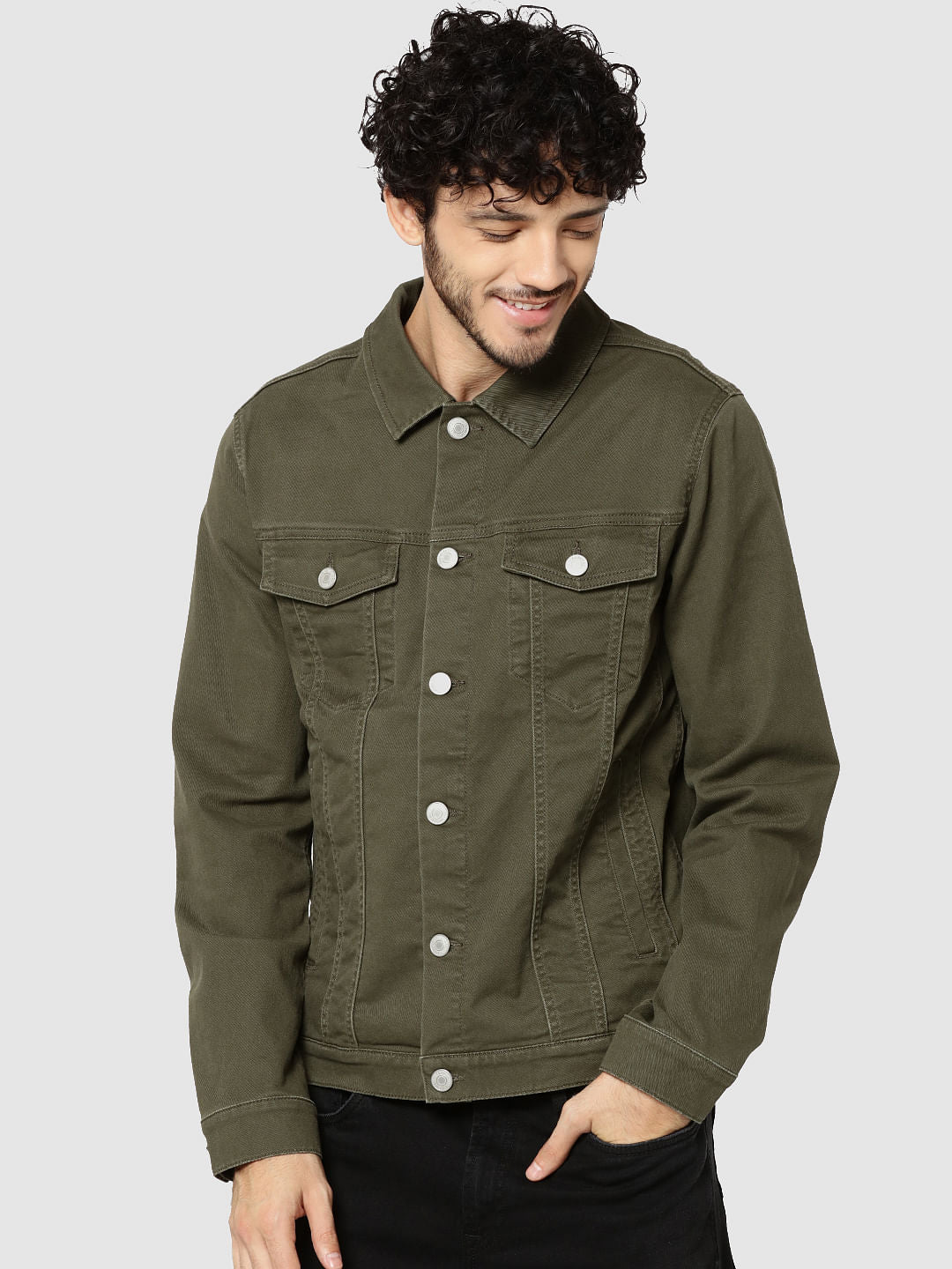 Olive Green Casual Denim Jacket