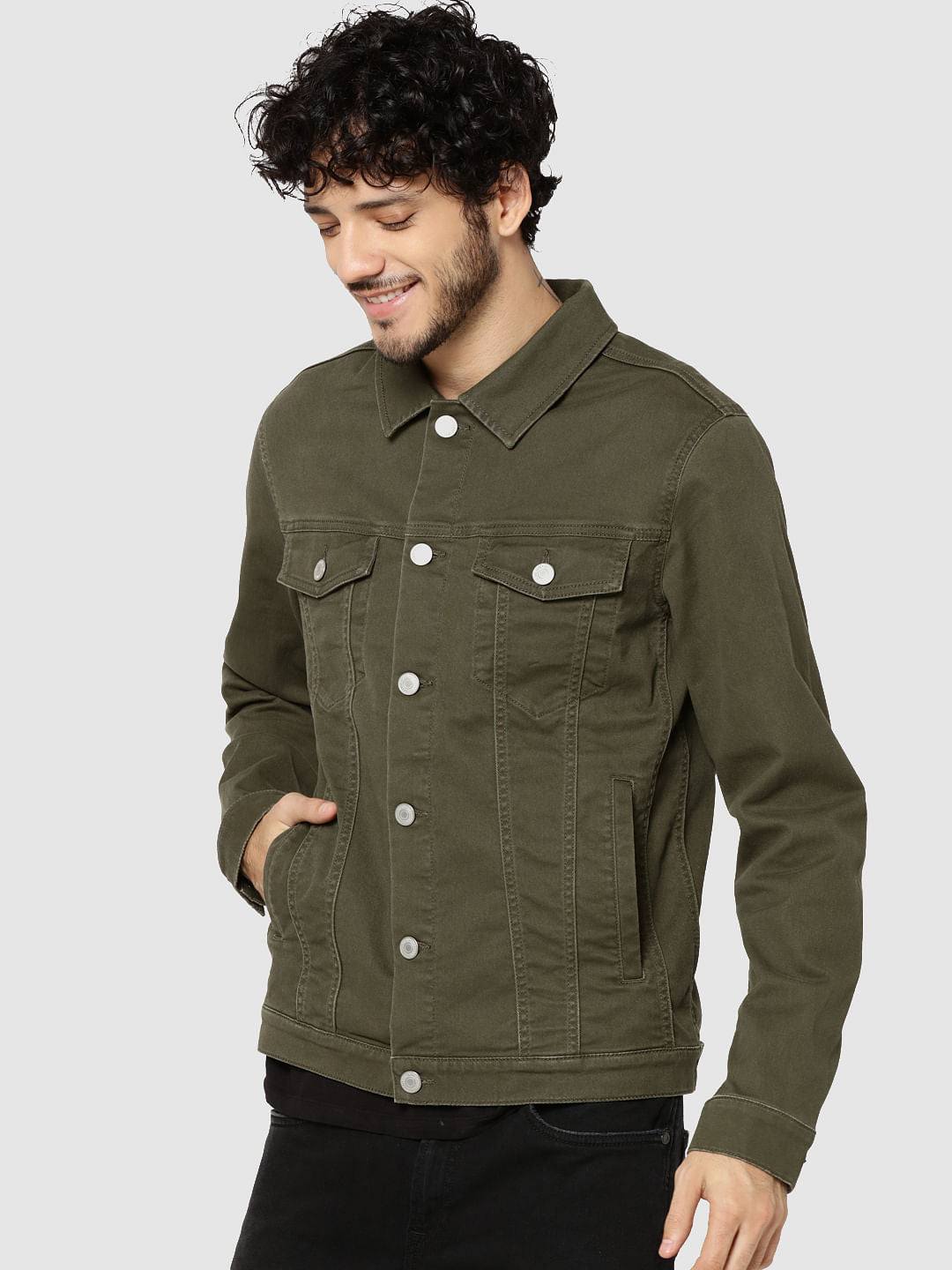 Olive Green Casual Denim Jacket