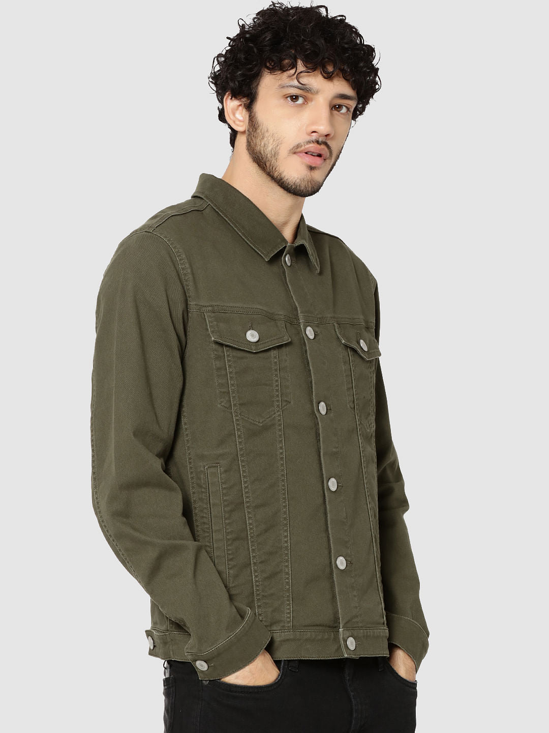 Olive Green Casual Denim Jacket