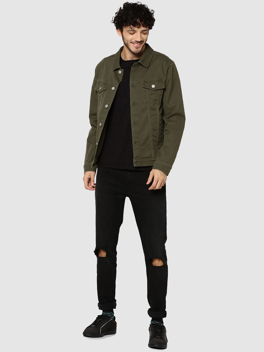 Olive Green Casual Denim Jacket