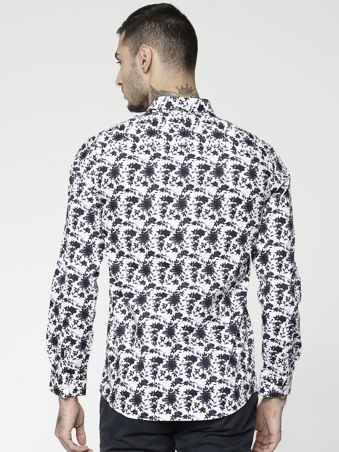 Blue All Over Floral Print Slim Fit Full Sleeves Shirt