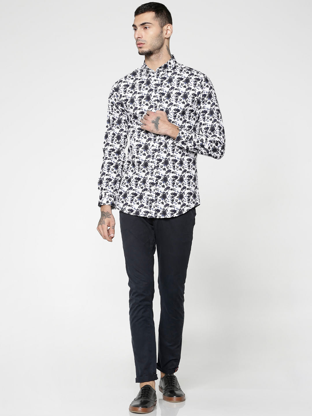 Blue All Over Floral Print Slim Fit Full Sleeves Shirt