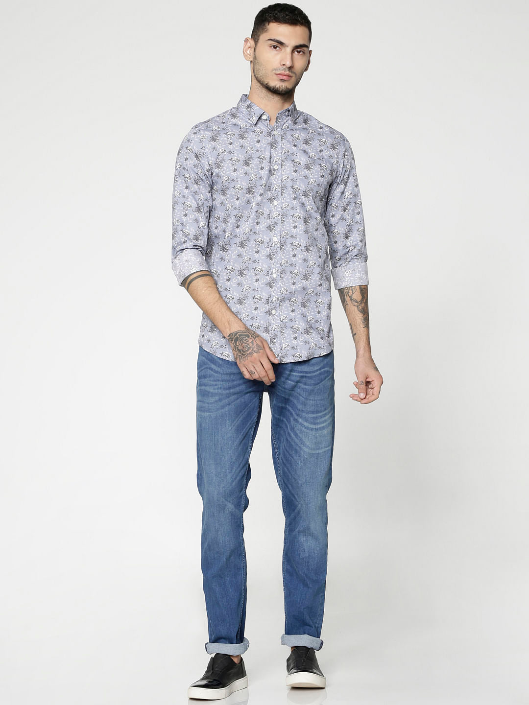 Grey All Over Floral Print Slim Fit Full Sleeves Shirt