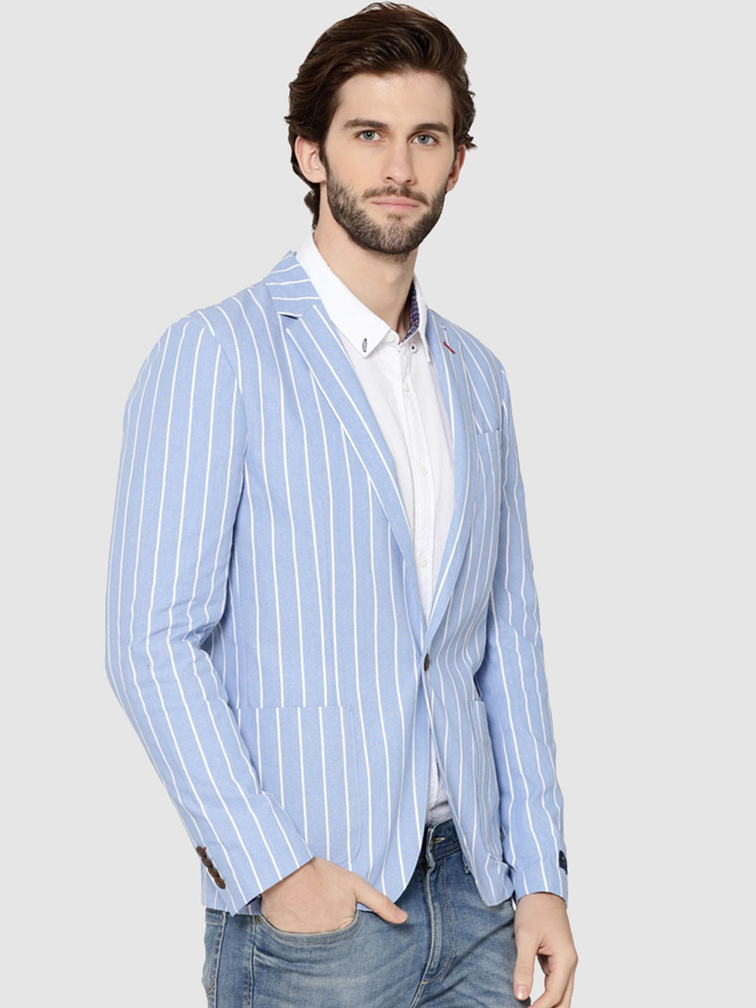 Blue Striped Slim Fit Blazer