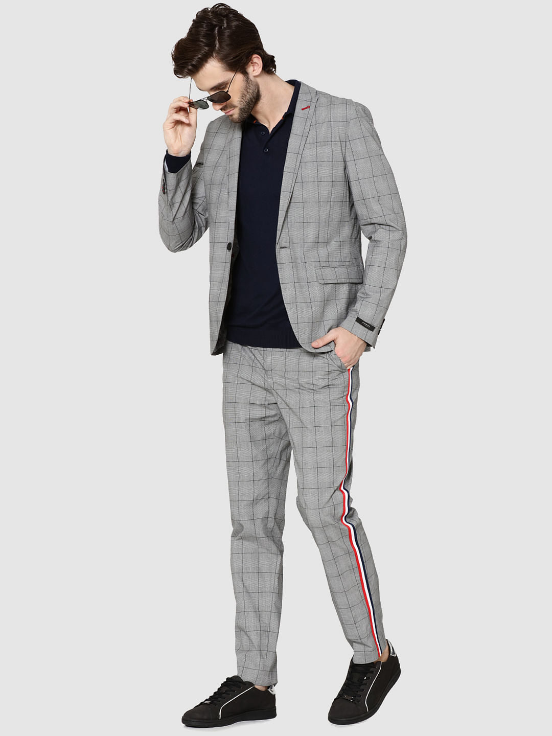 Grey Single Button Slim Fit Check Blazer