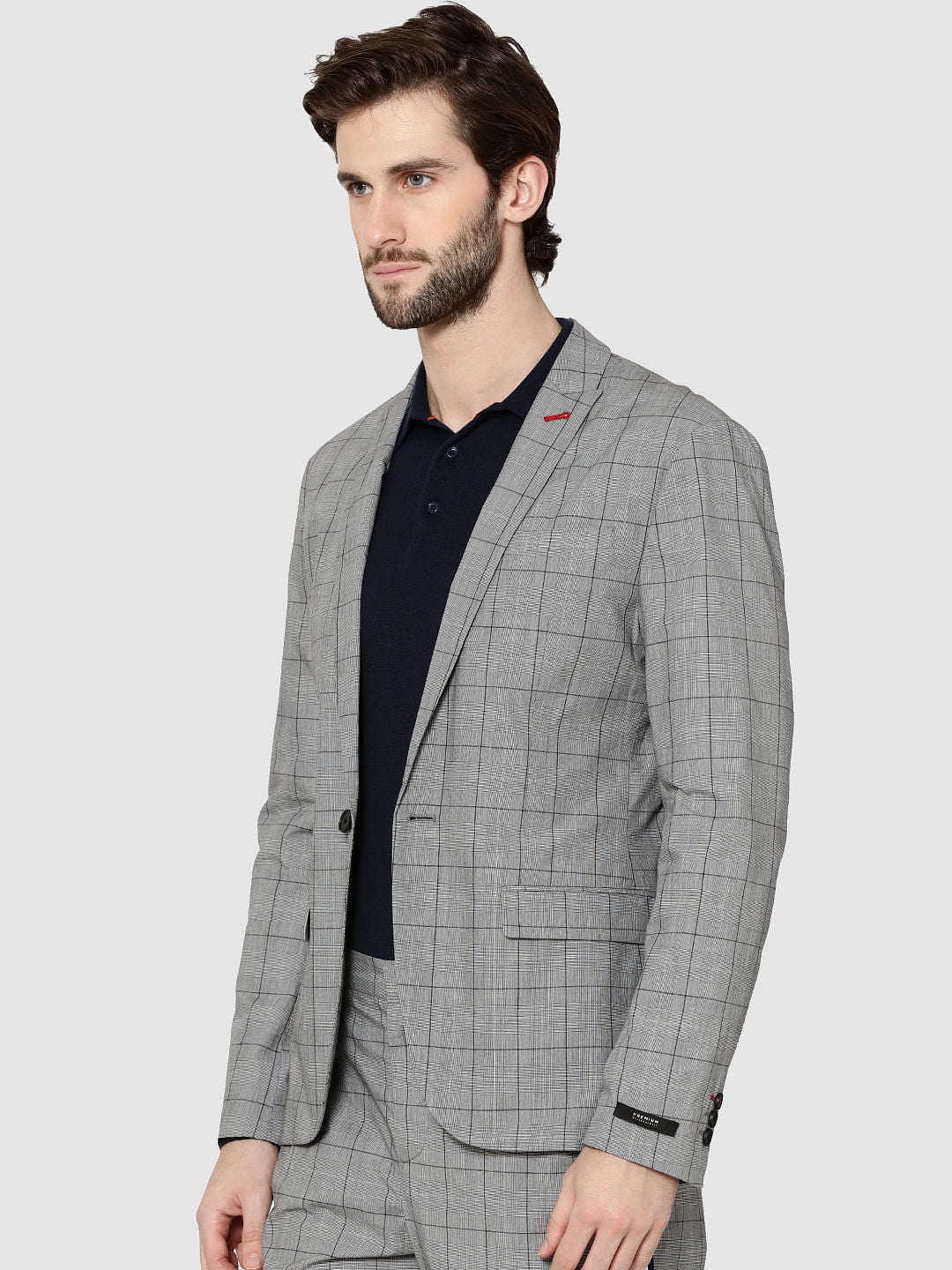 Grey Single Button Slim Fit Check Blazer