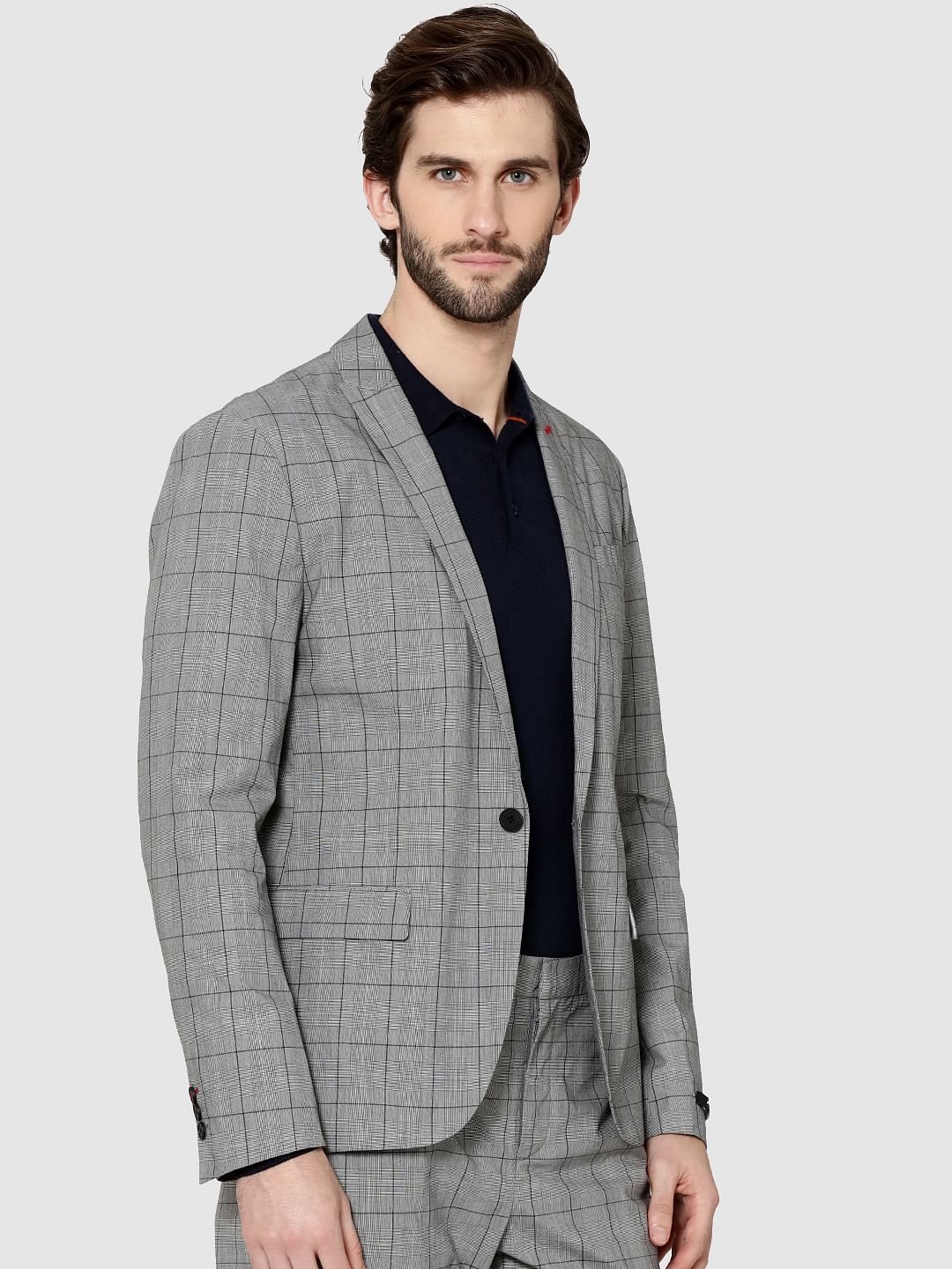 Grey Single Button Slim Fit Check Blazer