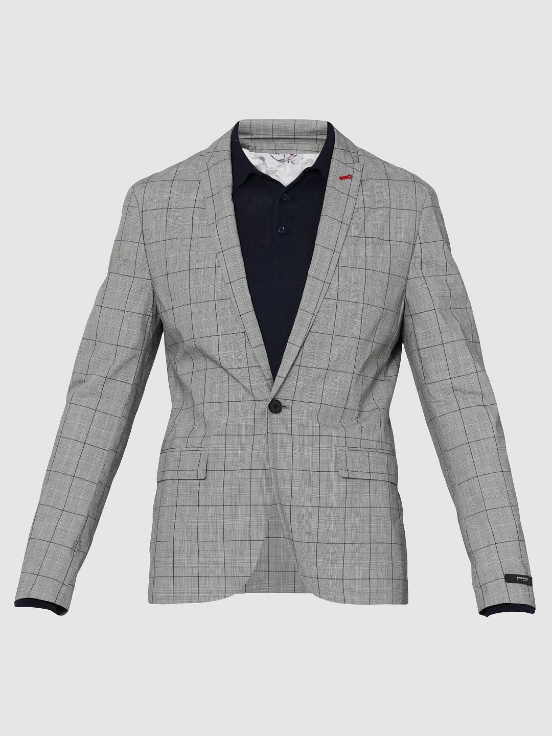 Grey Single Button Slim Fit Check Blazer