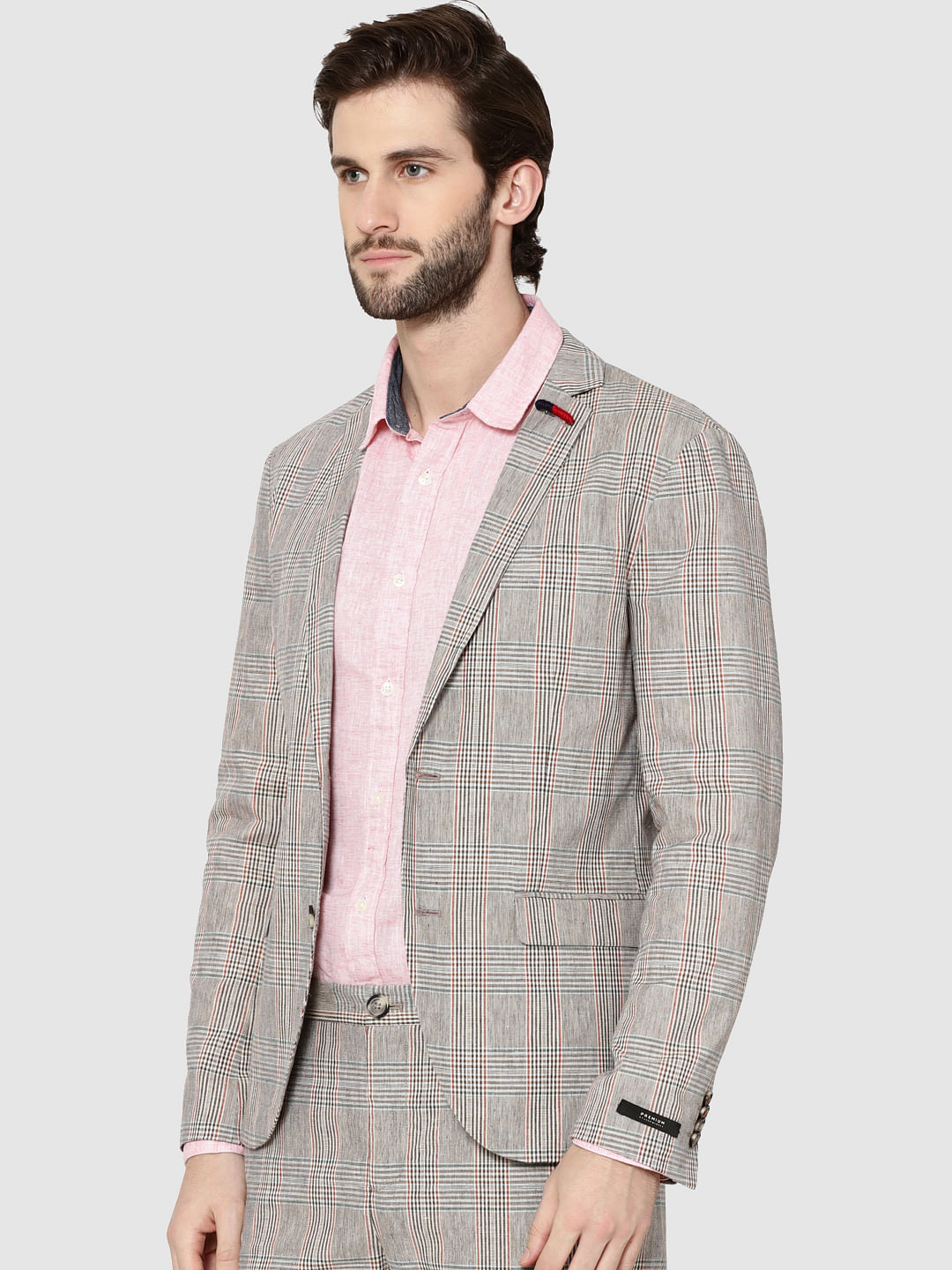 Beige Plaid Double Button Slim Fit Blazer