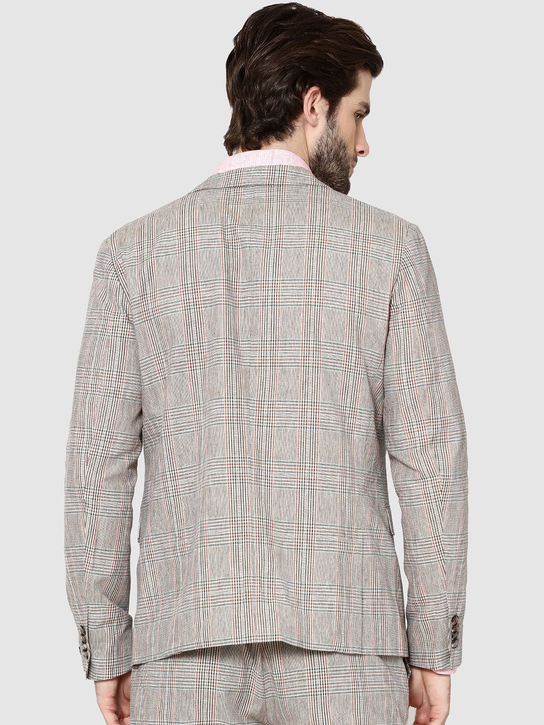 Beige Plaid Double Button Slim Fit Blazer